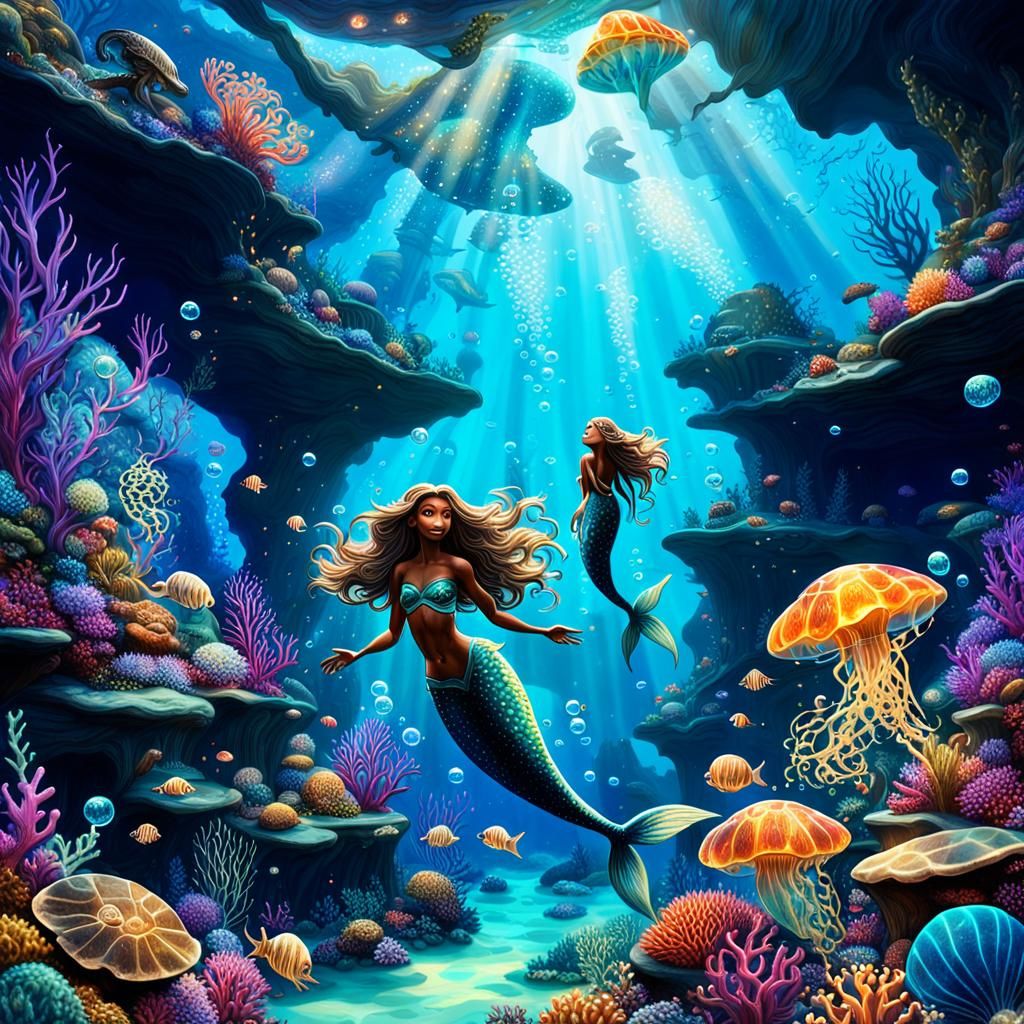 Mermaids Play in Coral Reefs: 3D Digital Art