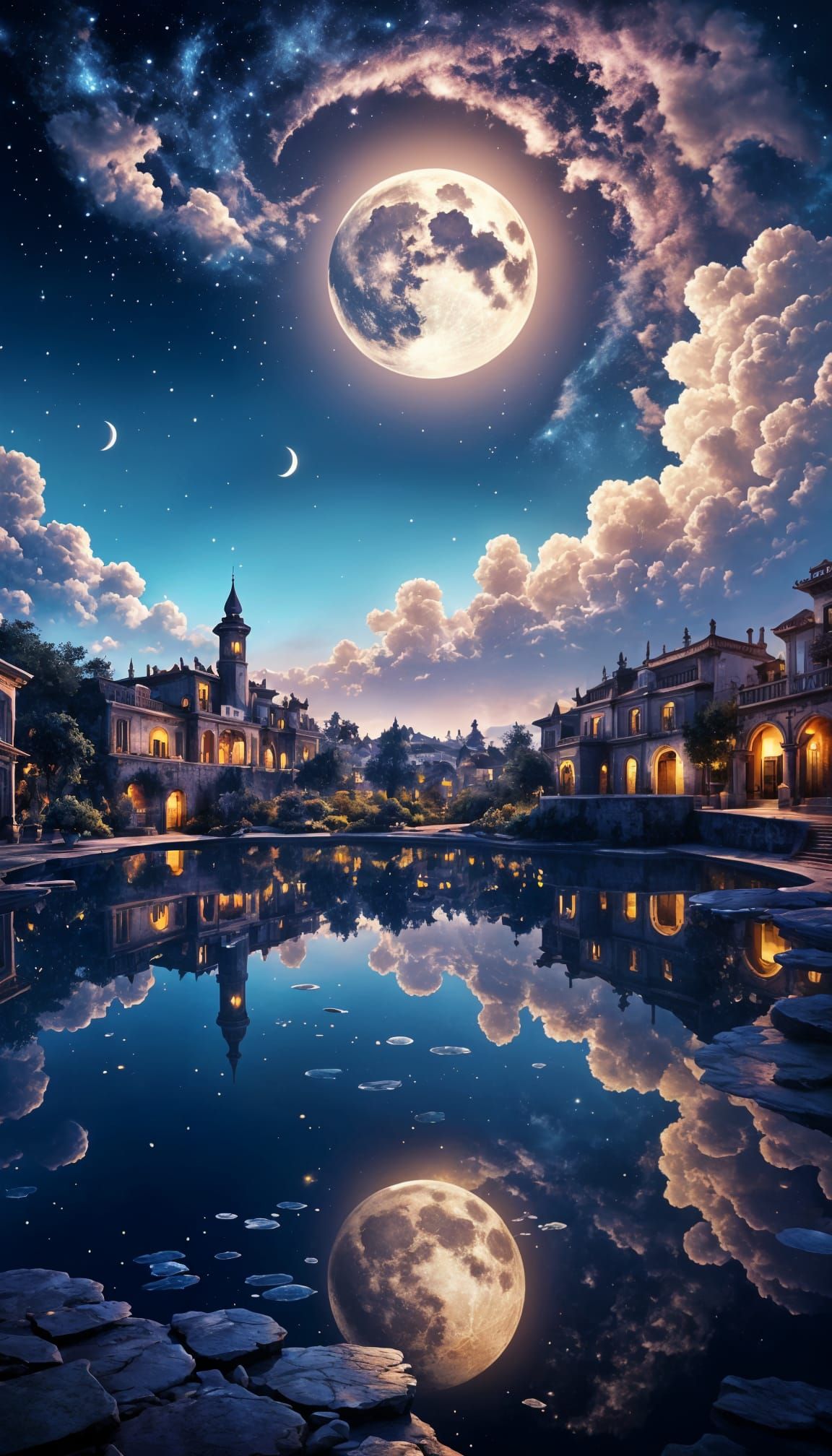 Magic Town Reflecting Under Starry Indigo Sky
