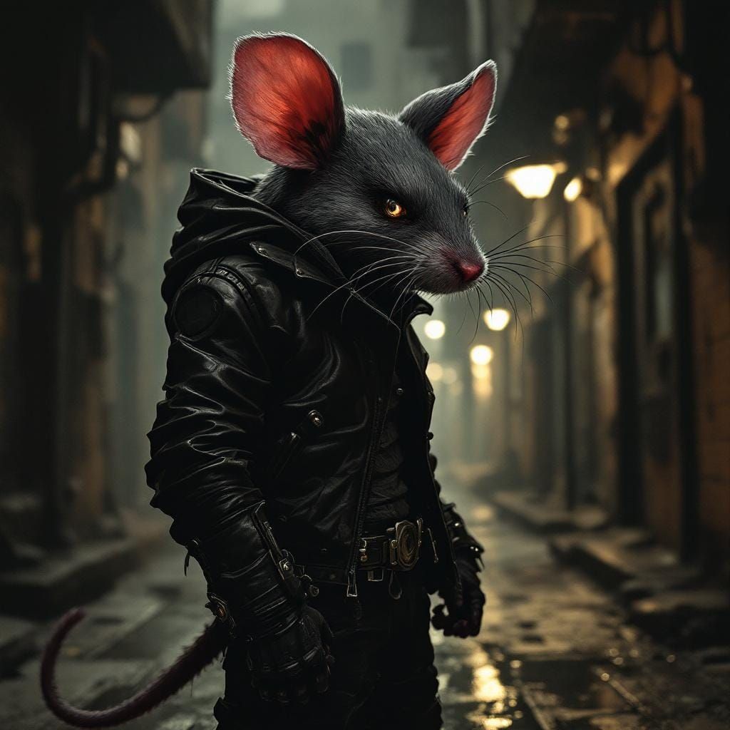 Heroic Mouse in Alleyway, Gritty Cyberpunk Style