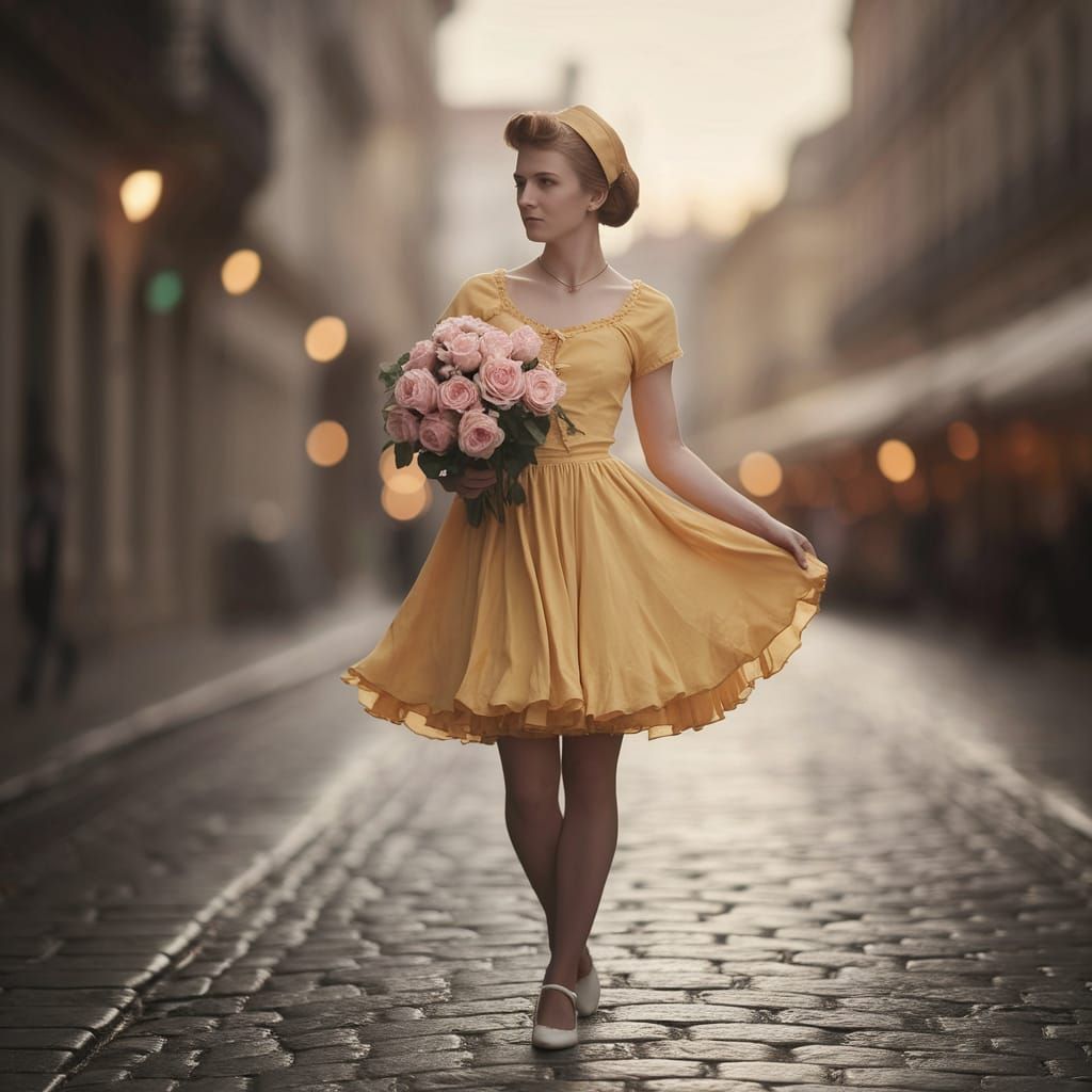 Vintage Crossdressed Man in 1940s Dress with Roses