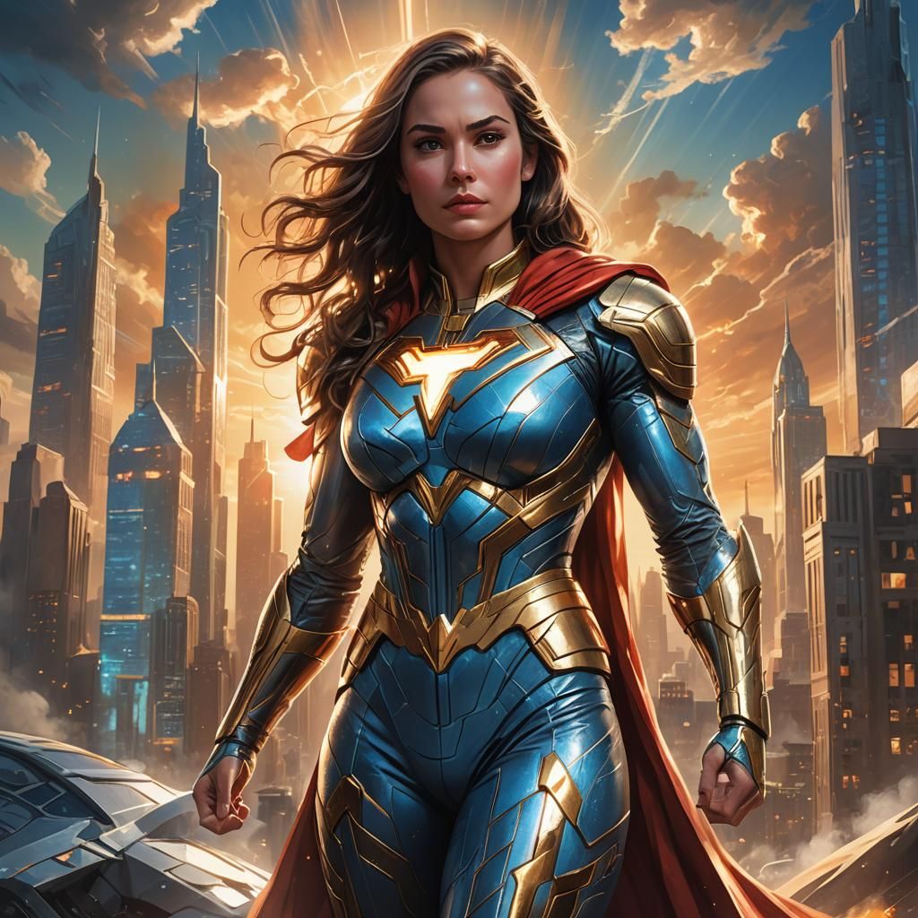 Kryptonian Heroine in Sci-Fi Cityscape