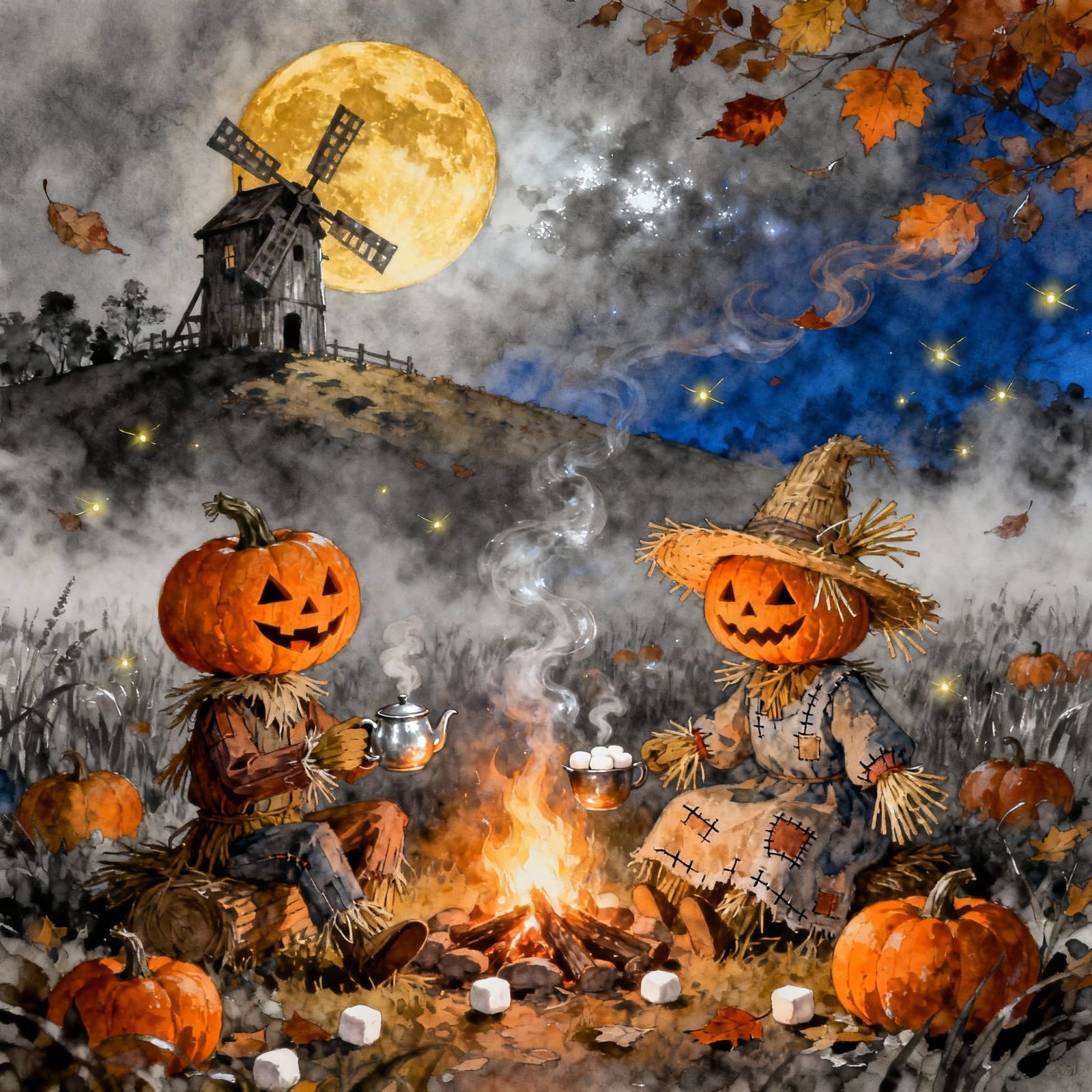 Fairytale Halloween Night With Scarecrows Roasting Marshmall...