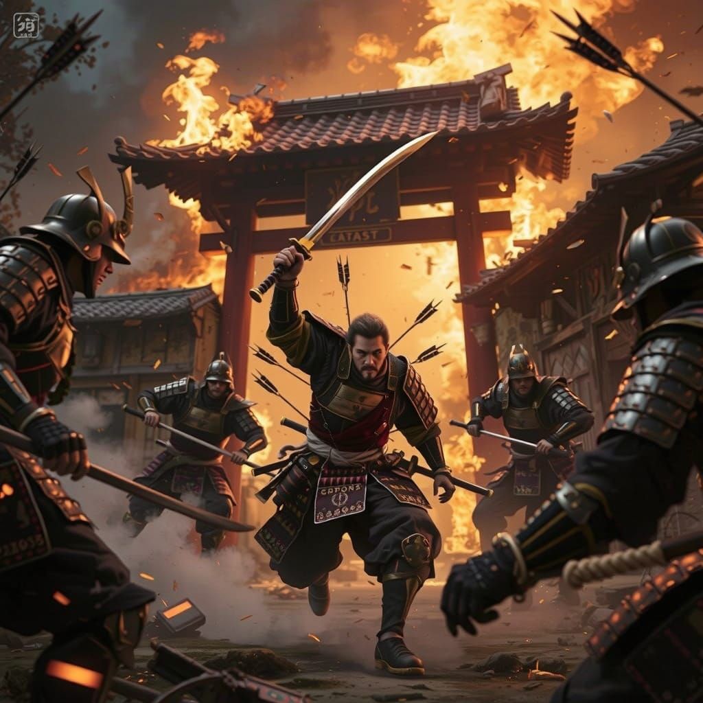 Samurai Charge Through Burning Village: Cinematic Scene