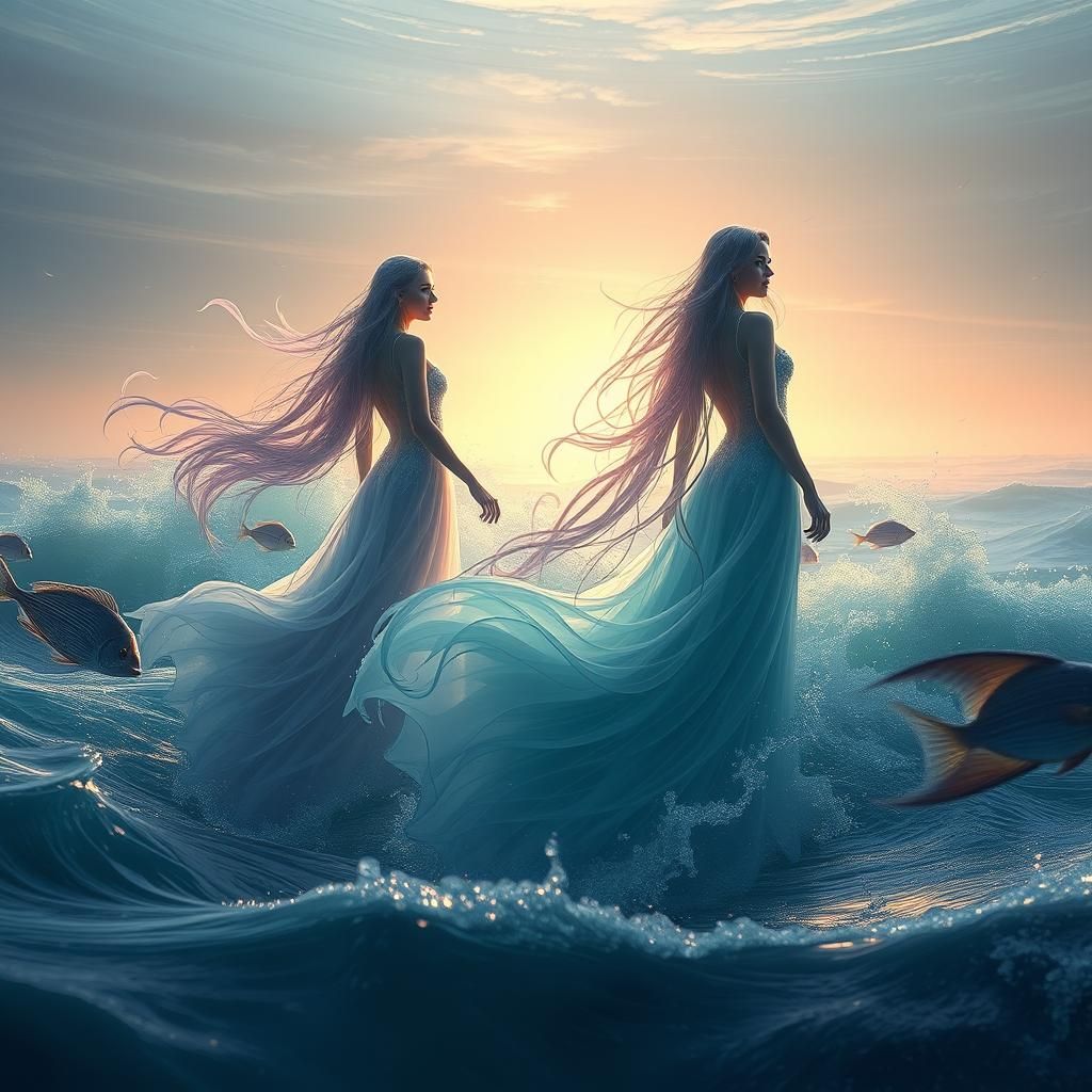 Ethereal Ocean Women Rising from Waves in Digital Art