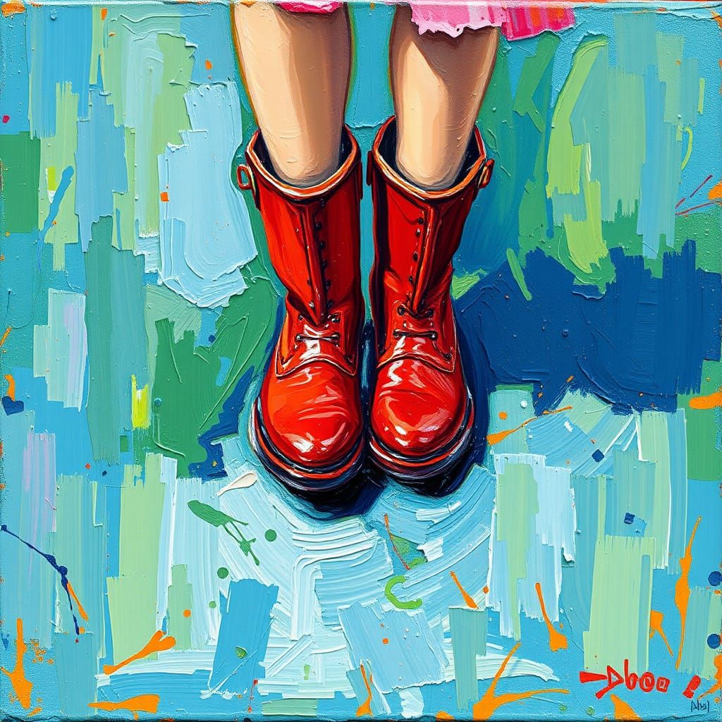 Vibrant Red Boots in Neo-Impressionist Oil Painting