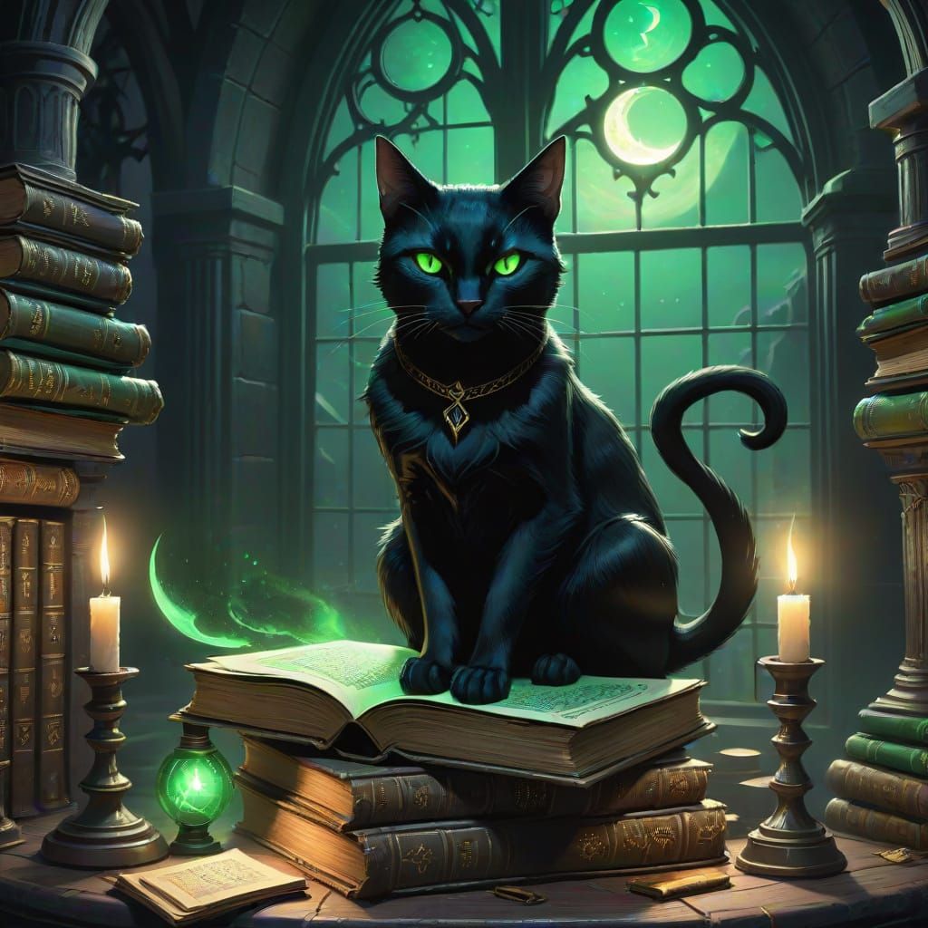 Black Cat Familiar on Grimoires in Moonlit Study
