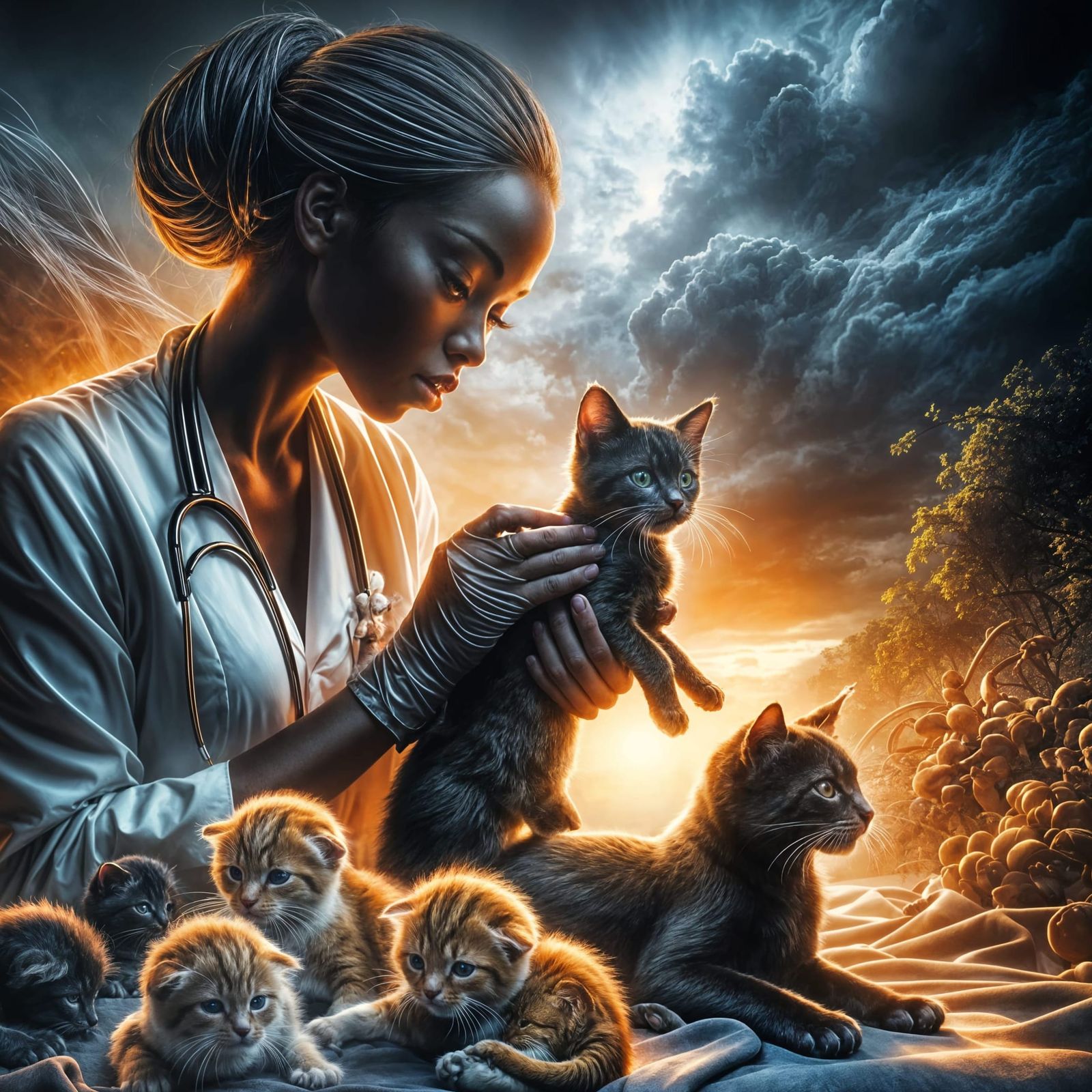Black Veterinarian Cares for Kittens in Hyperrealistic Style