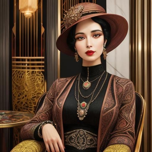 Lady in sienna color art deco fashion
