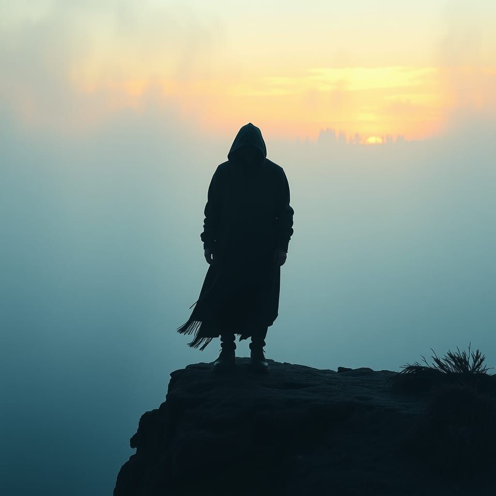 Grief-Stricken Figure on Windswept Cliff