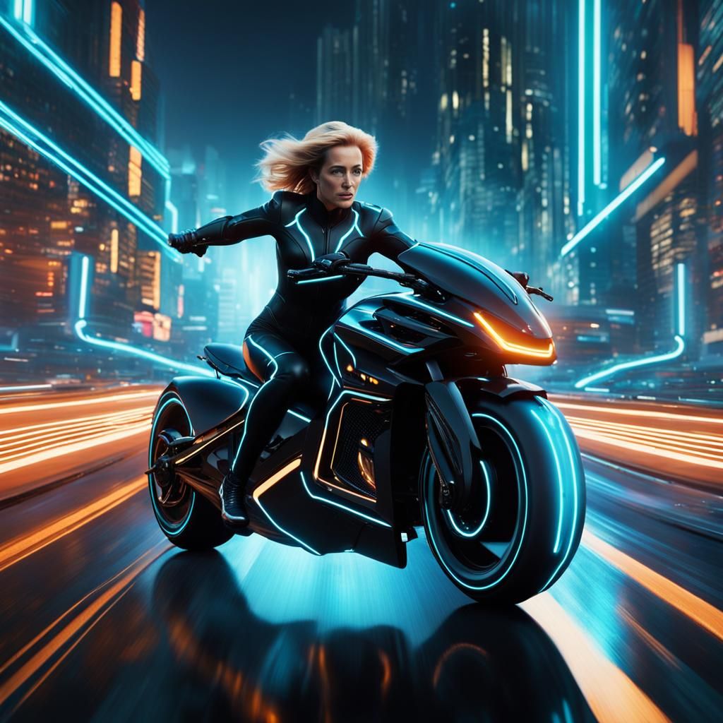 Woman on Light Cycle in Futuristic Art