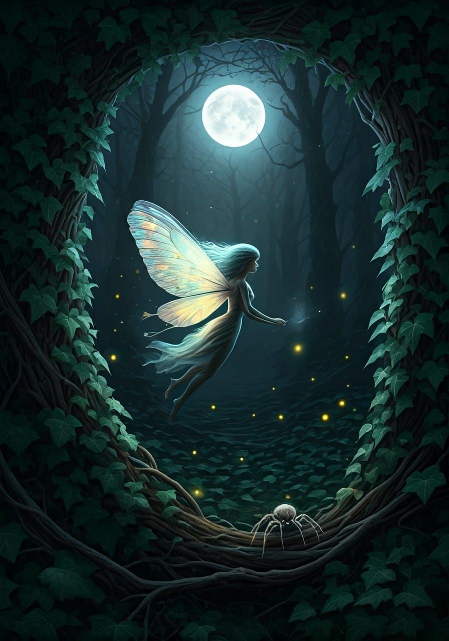 Mystical Fairy and Spider in Moonlit Forest