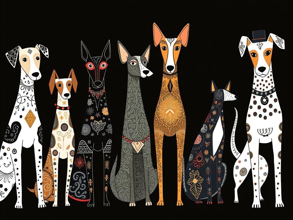 Whimsical Abstract Dogs in Textile Print Style