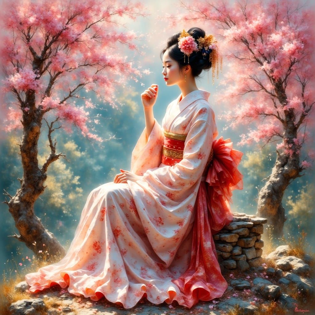 Ethereal Geisha Amid Cherry Blossoms