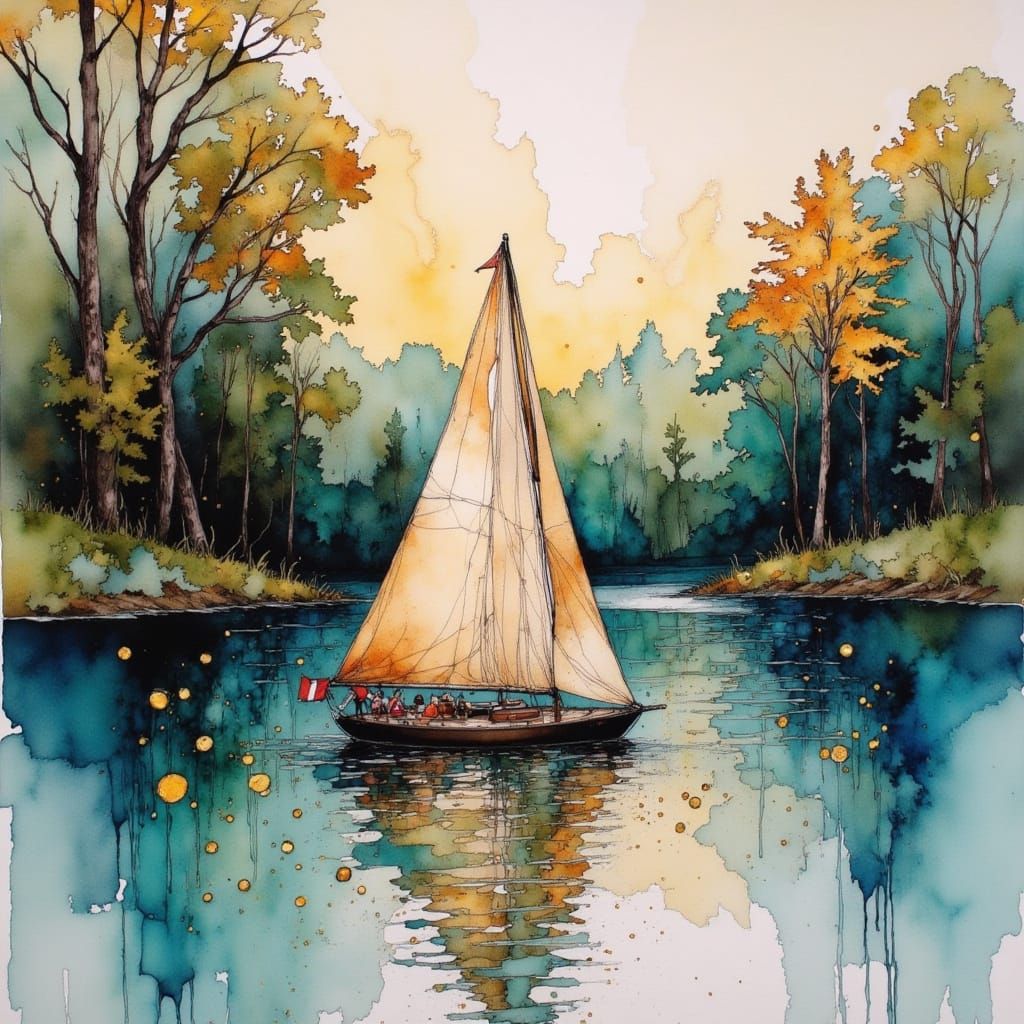 Impressionist Sailboat on Woodland Lake with Gold Drips