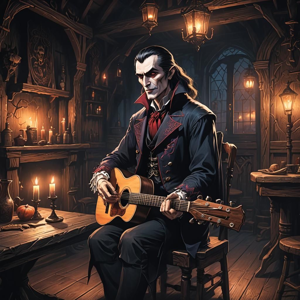 Dracula Plays Guitar in Dimly Lit Tavern