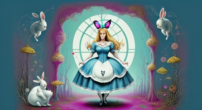 comic-style illustration, Alice from 'Alice in Wonderland' holds a bottle labeled 'Drink Me' and has grown to a colossal...