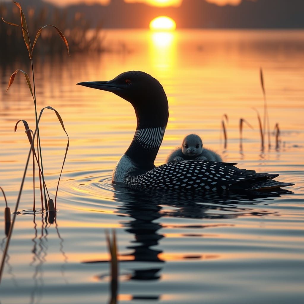 Serene Loon Family Swims in Tranquil Lake at Sunset