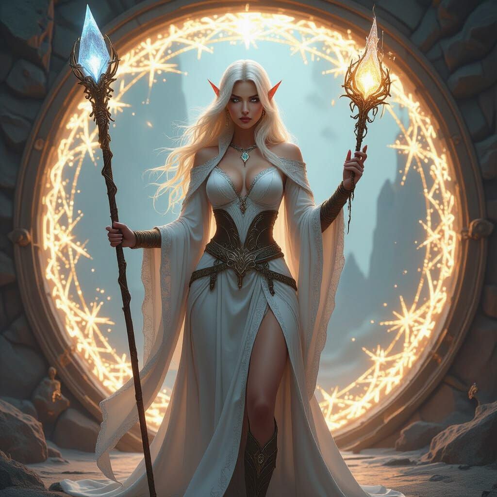 Elven Sorceress at Portal: Hyperrealistic Fantasy Art