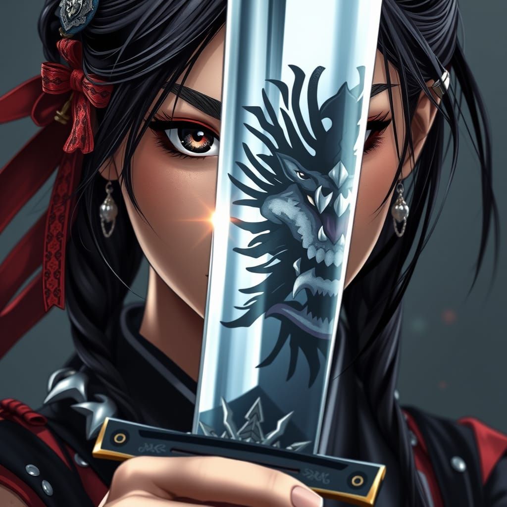 Fierce Japanese Warrior with Katana Reflection