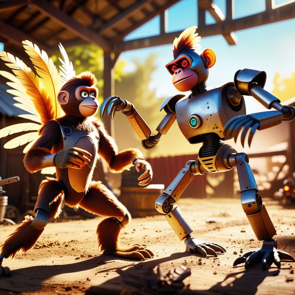 Robot Chicken vs Monkey in Barnyard: 4K Digital Painting