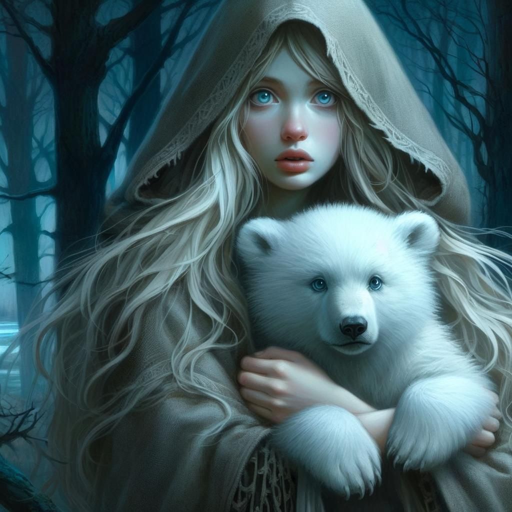 Maiden and Polar Cub in Snowy Woods