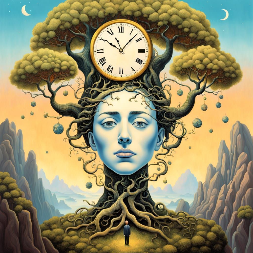 Surreal Clockwork Figure on Floating Mountain