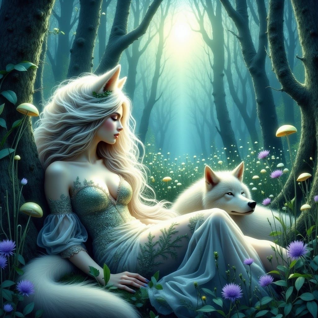Ethereal Nymph and Majestic White Wolf Unite in Serene Fanta...