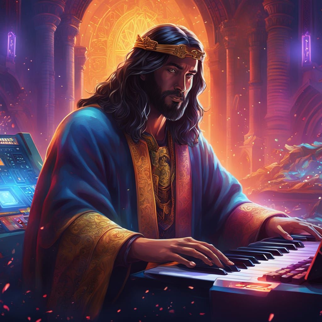 Jesus Plays Keyboard in Vibrant Fantasy Art