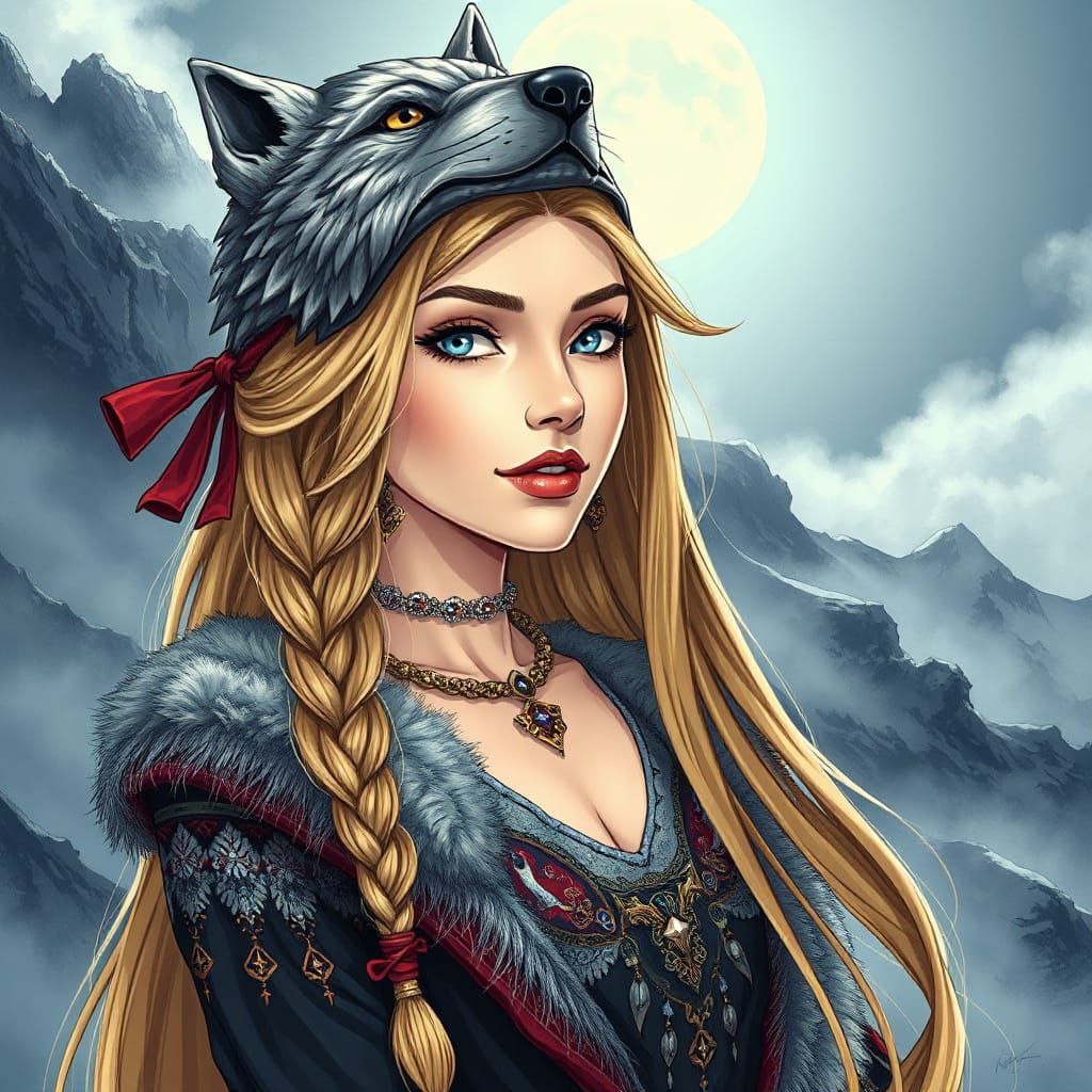 Elegant Slavic Goddess in Moonlit Manga Style