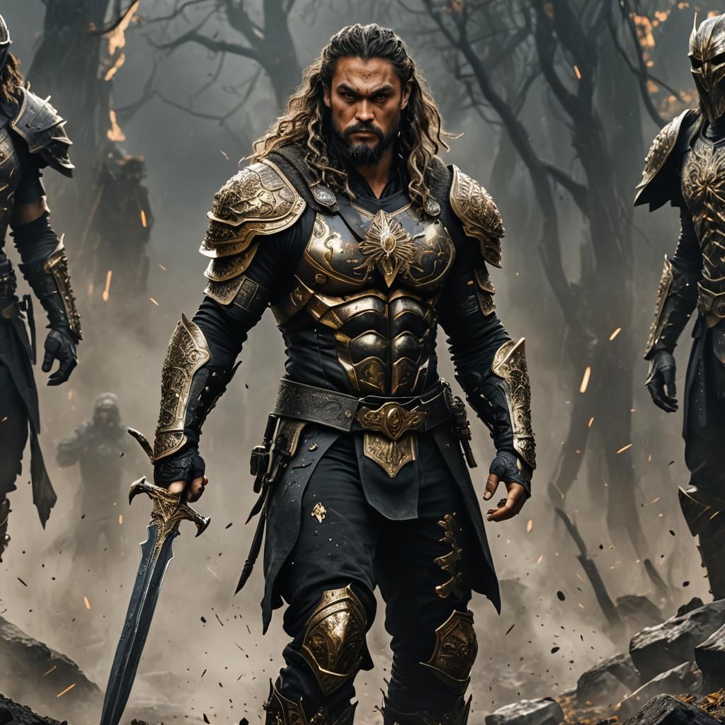 Warrior with Black Eyes in Black and Gold Armor