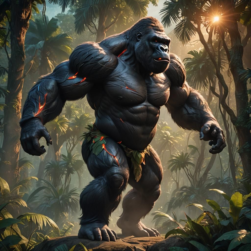 GIANT MUSCULAR GORRILA WITH BLOODY VEINS LOOKING AGRESSIVE