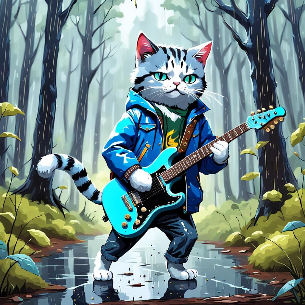 Cat Plays Guitar in Forest on Rainy Day
