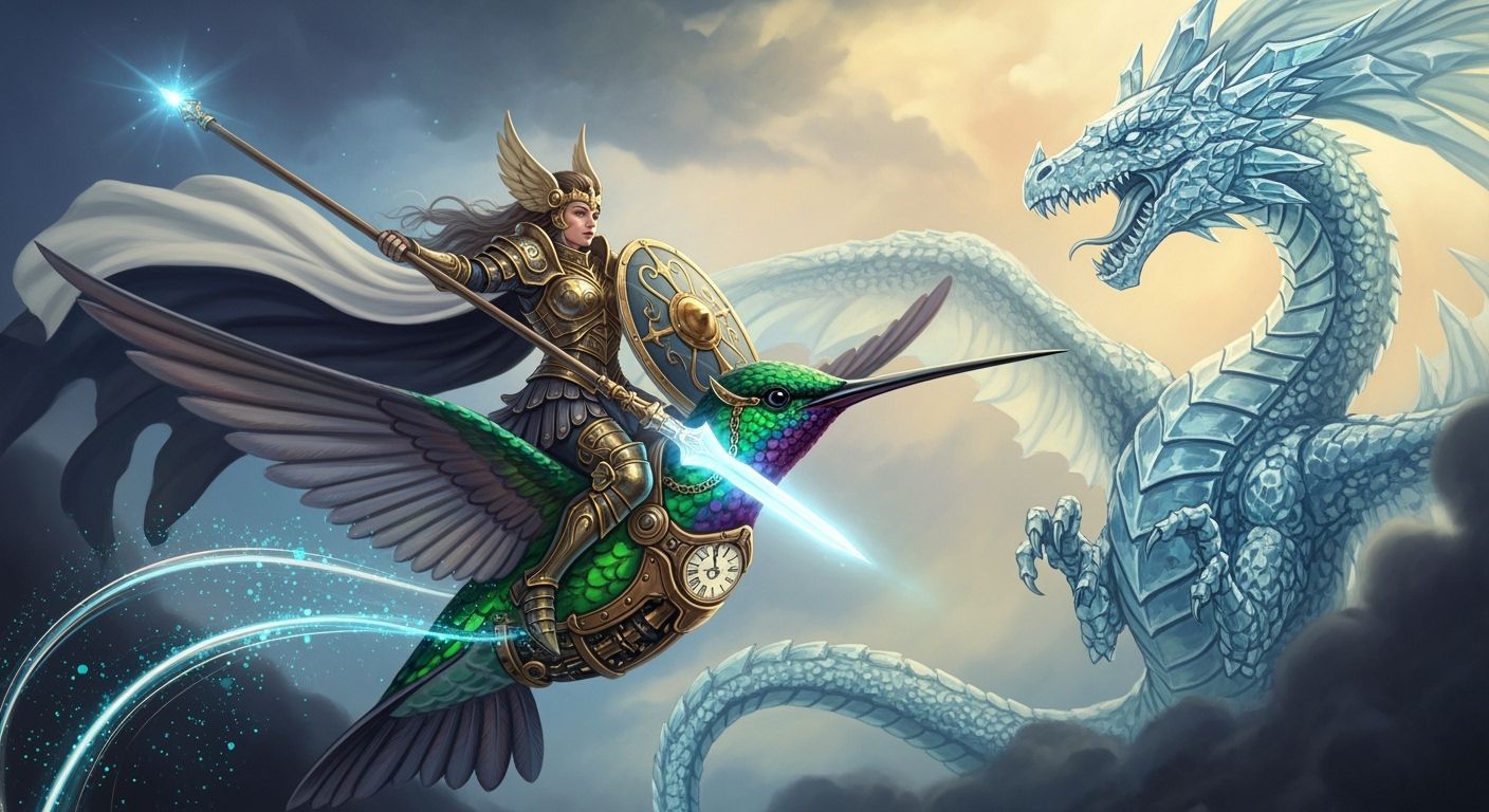 Valkyrie Brunhild Battles Crystal Dragon on Clockwork Hummin...
