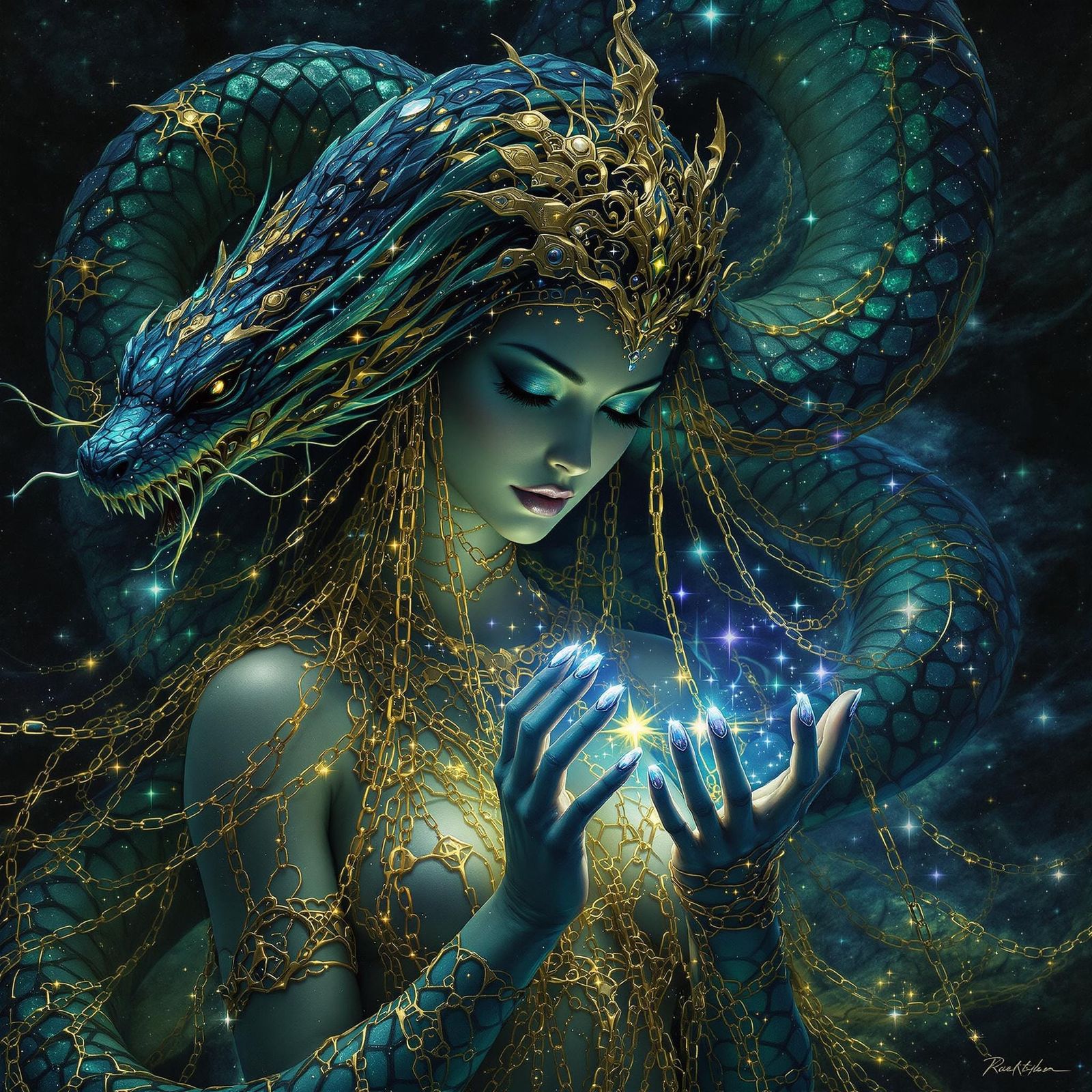 Golden Goddess with Serpent Coils in Mystical Jungle Scene