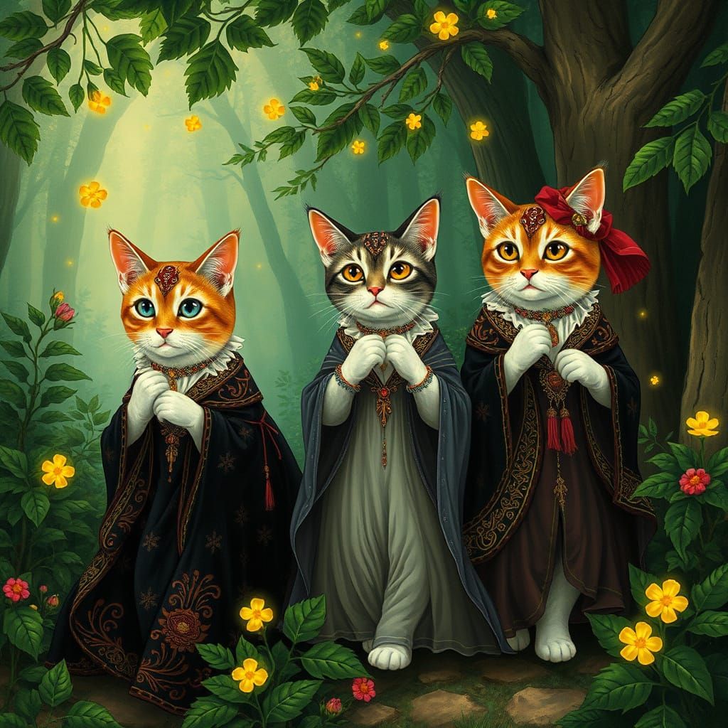 Magical Cats Wander Enchanted Forest in Art Nouveau Style