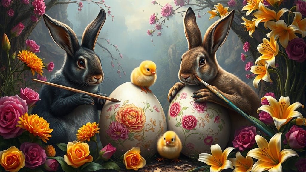 Rabbits Painting Easter Eggs in Fantasy Landscape