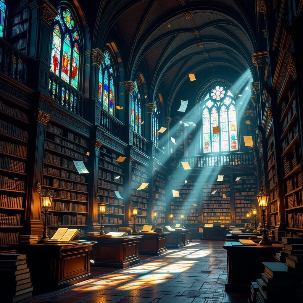 Ancient Library of Glowing Books in Ethereal Light