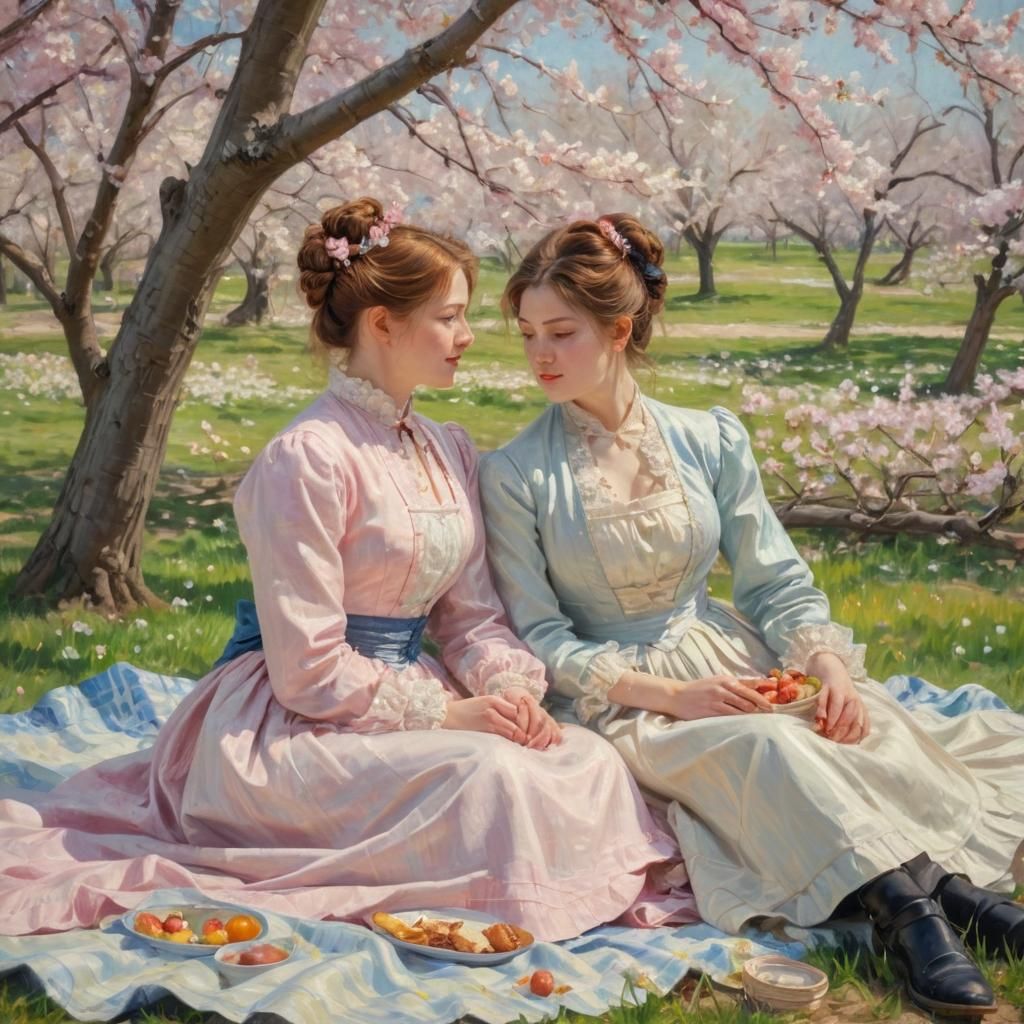 Art by Édouard Manet, amidst a blossoming sakura orchard, a ...