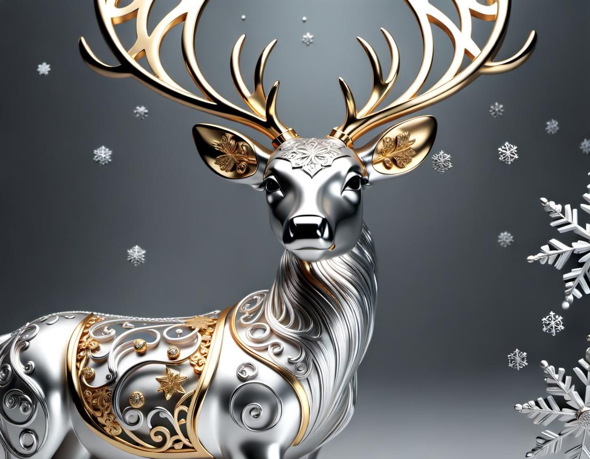 Silver and Gold Reindeer in Christmas Scene