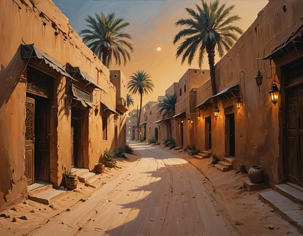 Picturesque Arabian Village Alley in Acrylic Painting Style