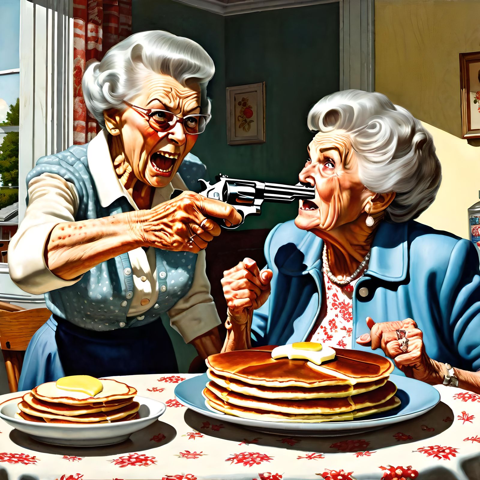 Angry Old Woman Points Gun in Rockwell Style
