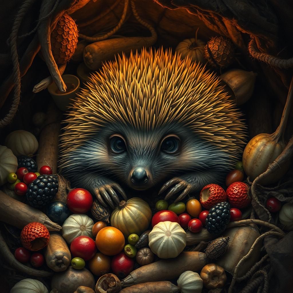 Greedy Hedgehog's Food Hoard in Wildlife Art Style