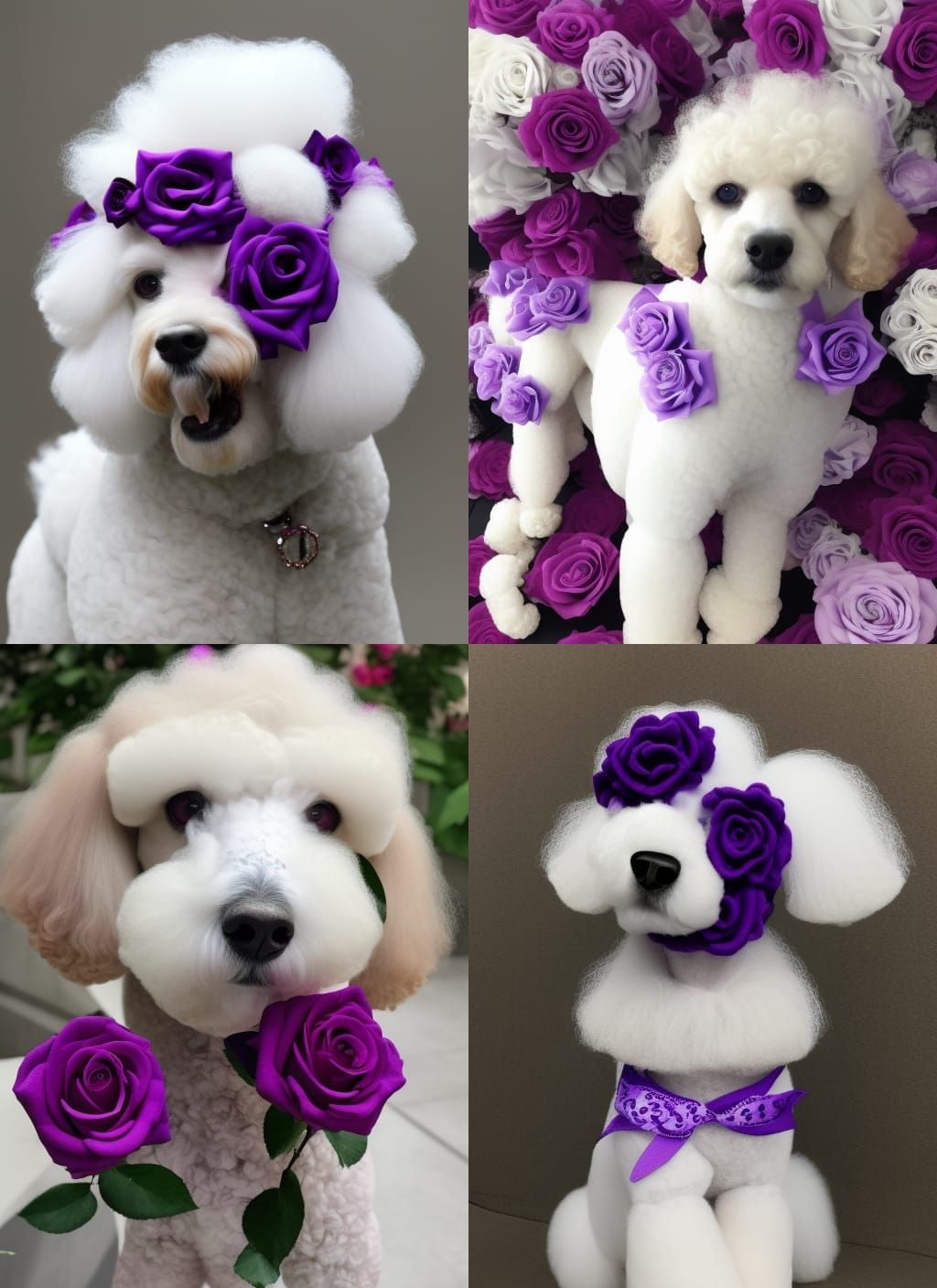 white/purple, poodle, roses