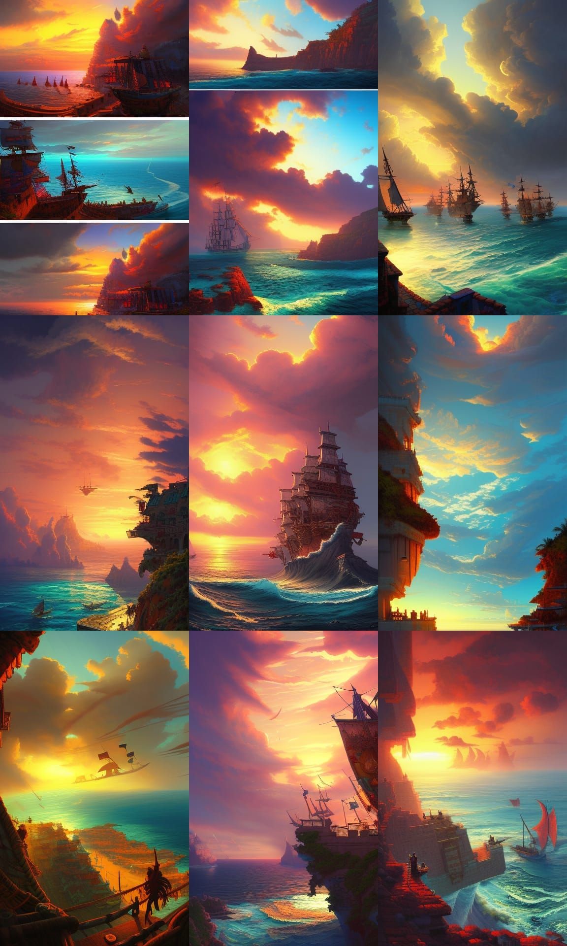 Coastal Cliff City Sunset: Pirate Ships in Splash Art