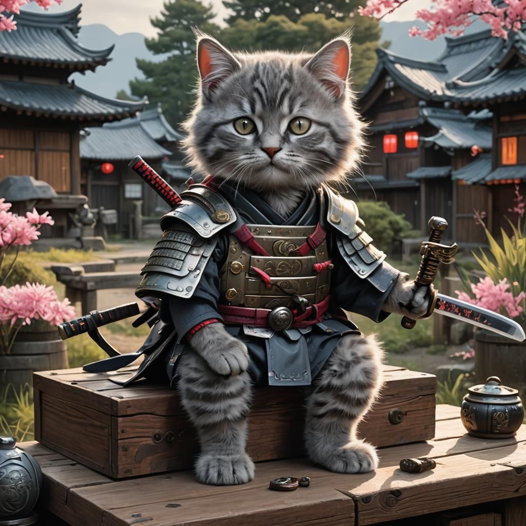 Samurai Kitten in Japanese Countryside, Hyperrealistic Rende...