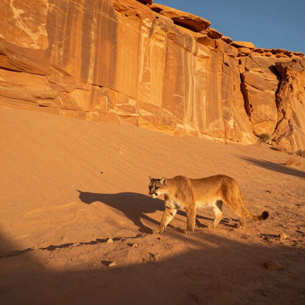 Majestic Puma Prowls Desert Landscape at Golden Hour