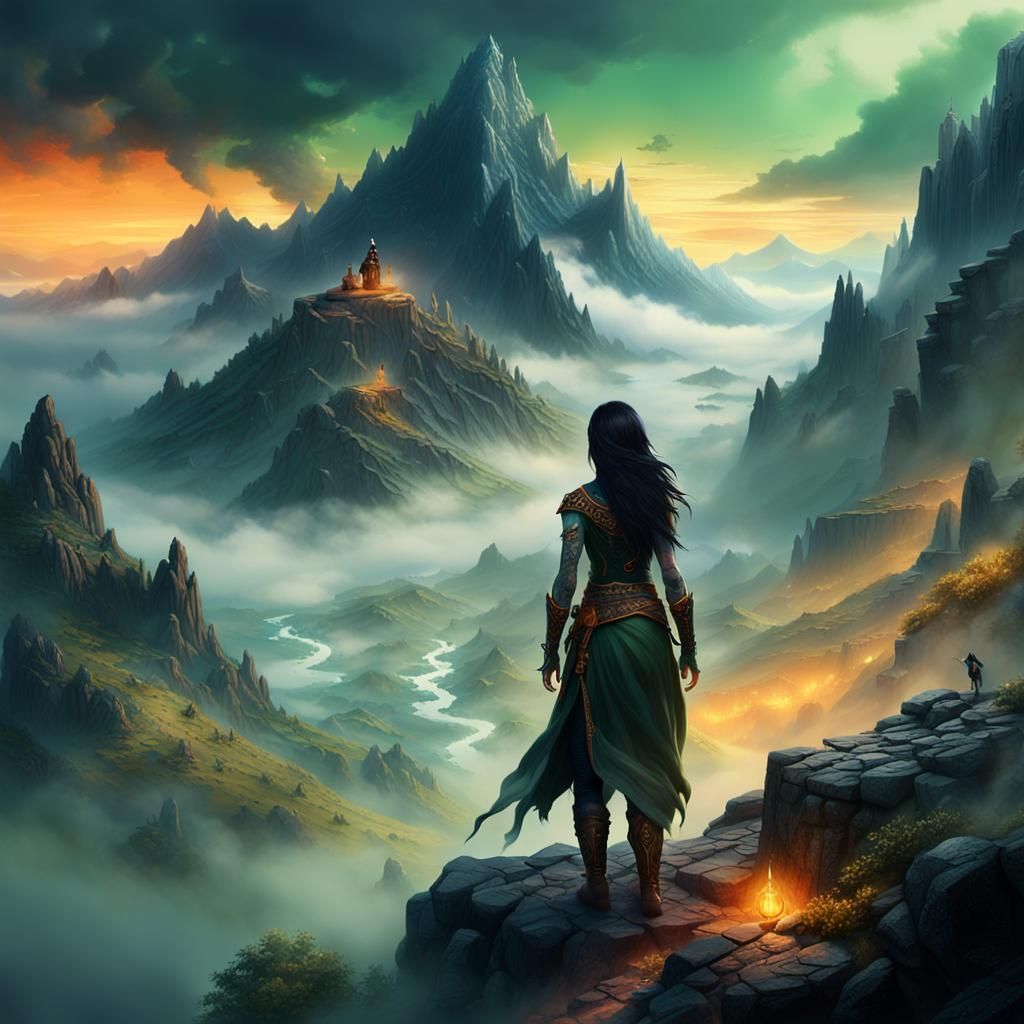Mystical Tattooed Woman Climbs Misty Mountain: Fantasy Art