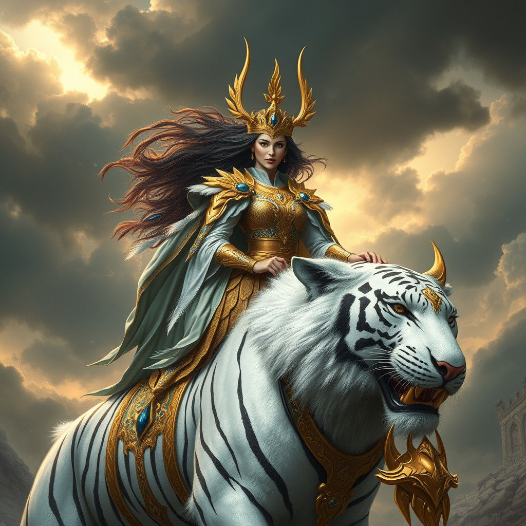 Warrior Queen on White Tiger in High-Fantasy Style