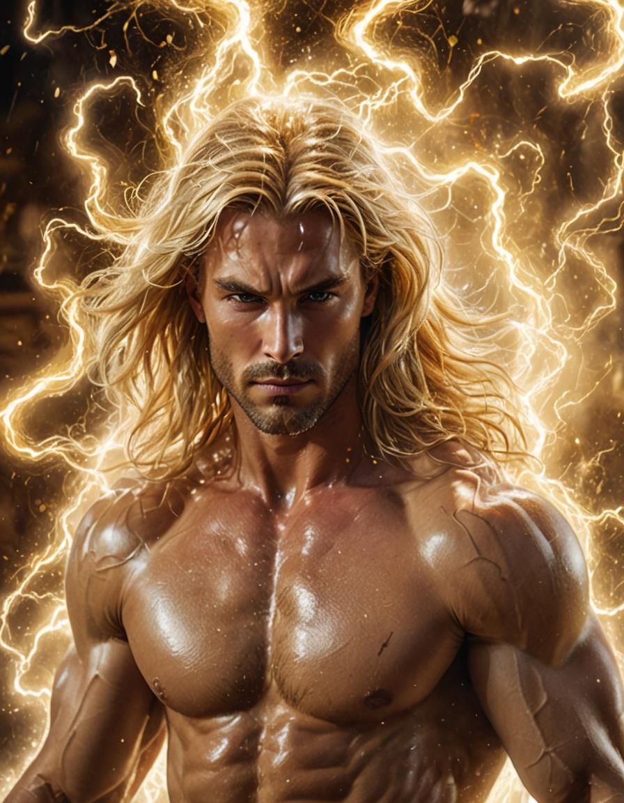 Majestic Man Levitating Crystal with Golden Lightning