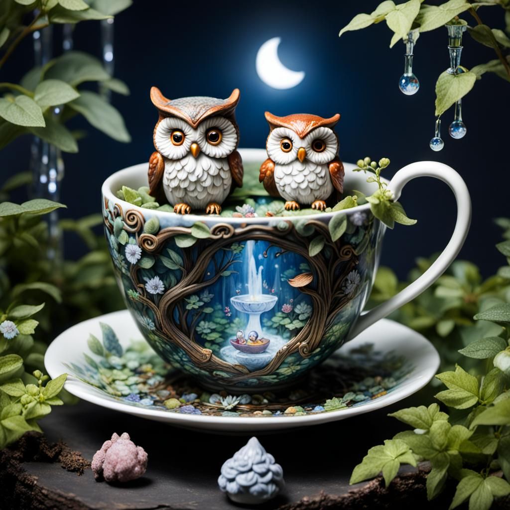 Teacup Garden with Owl in 3D Digital Art